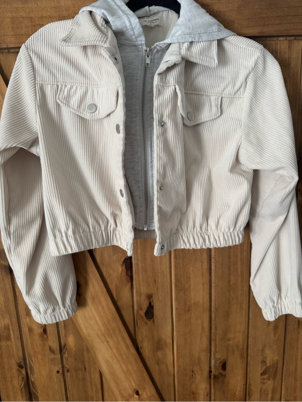 Cream Cropped Corduroy Jacket with Gray Hooded Liner - Kids